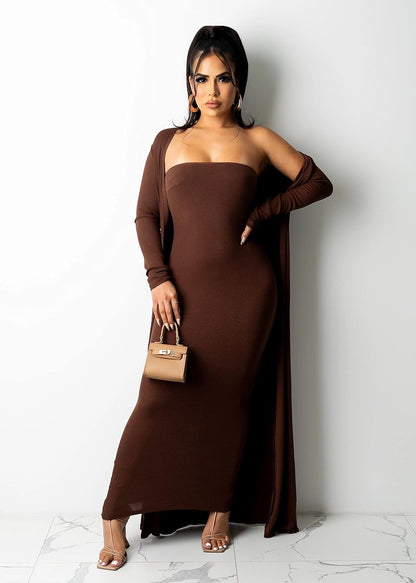 Two Piece for Women Sexy off the Shoulder Bodycon Midi Dresses with Long Cardigan Jackets Coffee