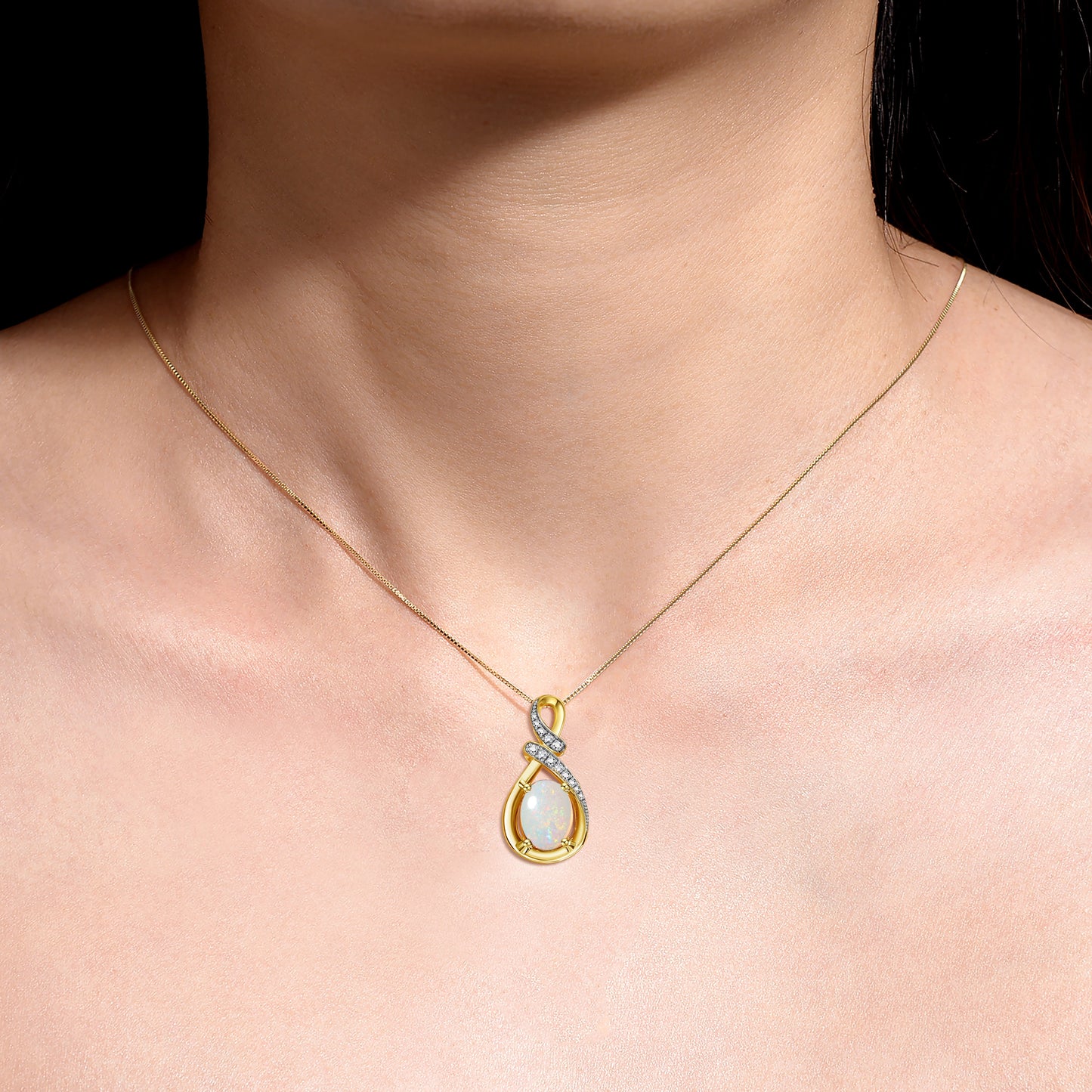 Necklace Yellow Gold Plated Silver Designer Necklace Gemstone & Diamonds Pendant 18" Chain 9X7MM Opal OCTOBER October Birthstone Womens Jewelry Silver Necklace