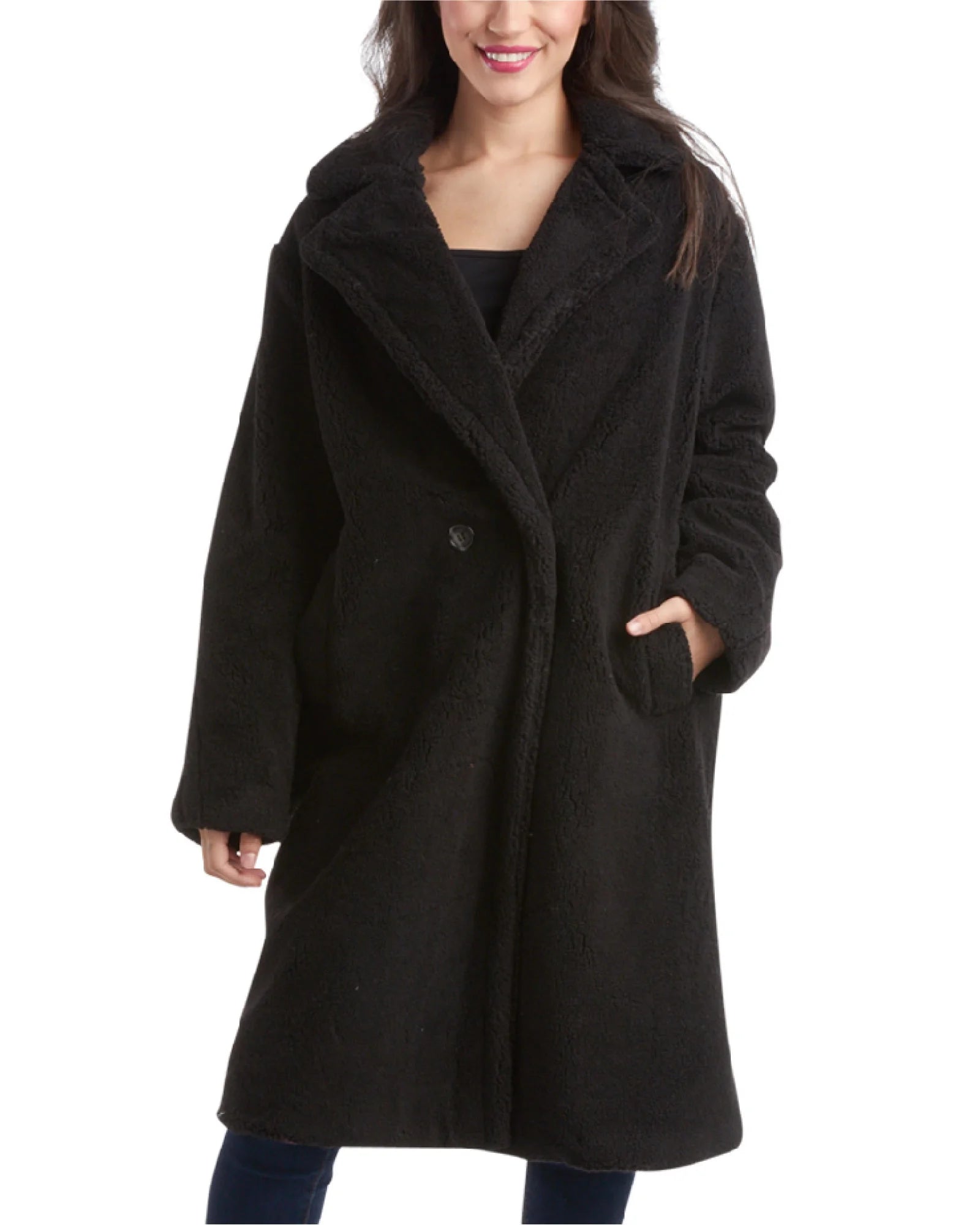 Women'S Winter Coat - Full Length Single Breasted Sherpa Fleece Peacoat (Size: S-XL)