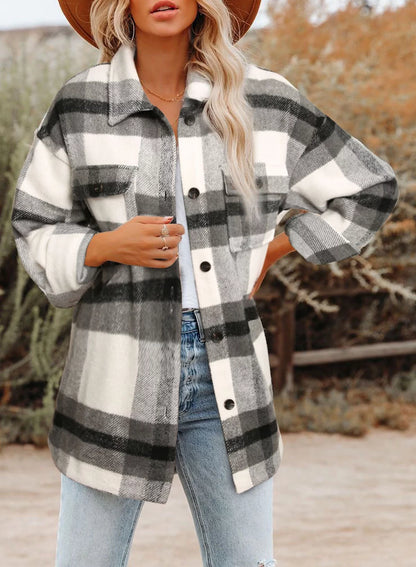 Women'S Shacket Plaid Jacket Button down Coats Long Sleeve Shirts Blouses Outwear Tops with Pockets