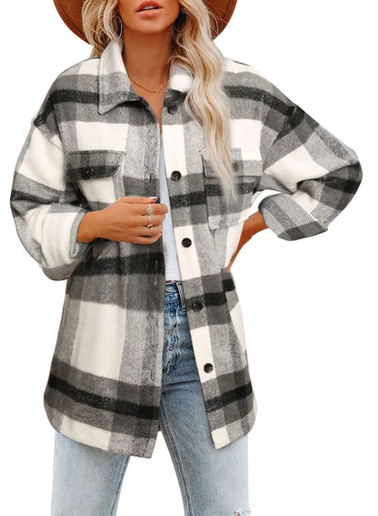 Women'S Shacket Plaid Jacket Button down Coats Long Sleeve Shirts Blouses Outwear Tops with Pockets