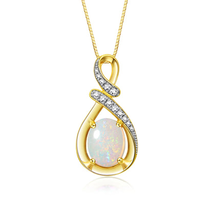 Necklace Yellow Gold Plated Silver Designer Necklace Gemstone & Diamonds Pendant 18" Chain 9X7MM Opal OCTOBER October Birthstone Womens Jewelry Silver Necklace