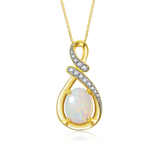 Necklace Yellow Gold Plated Silver Designer Necklace Gemstone & Diamonds Pendant 18" Chain 9X7MM Opal OCTOBER October Birthstone Womens Jewelry Silver Necklace