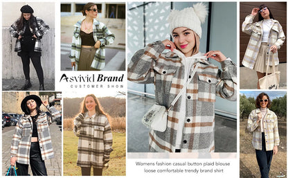 Women'S Shacket Plaid Jacket Button down Coats Long Sleeve Shirts Blouses Outwear Tops with Pockets