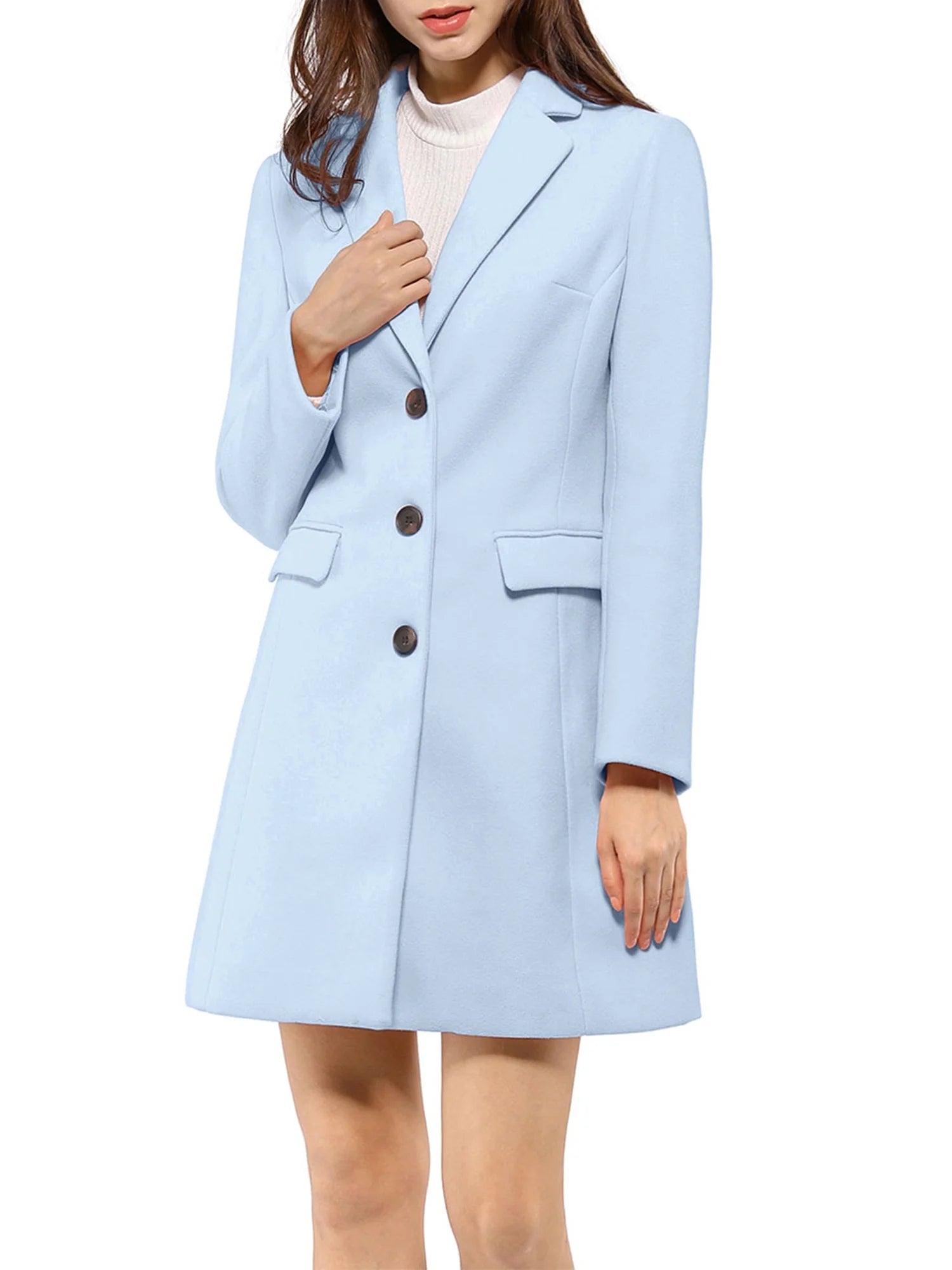 Women'S Long Coat Notched Lapel Long Sleeves Single Breasted Winter Coats L Blue